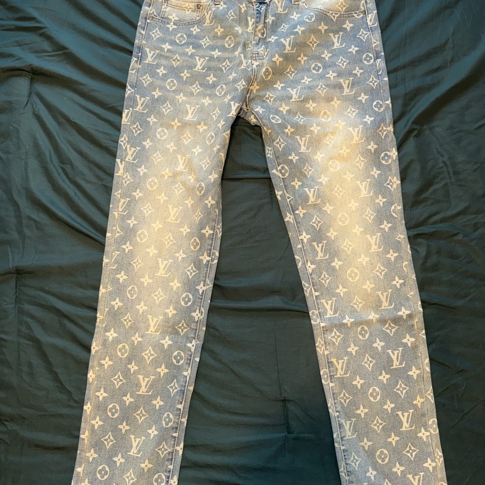 Louis Vuitton White Monogram on Light Blue Denim Skinny Jeans